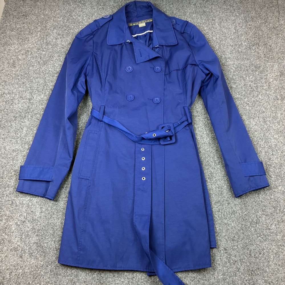 Kenneth Cole Reaction Womens Size Large Blue Double Breasted Belted Trench Coat